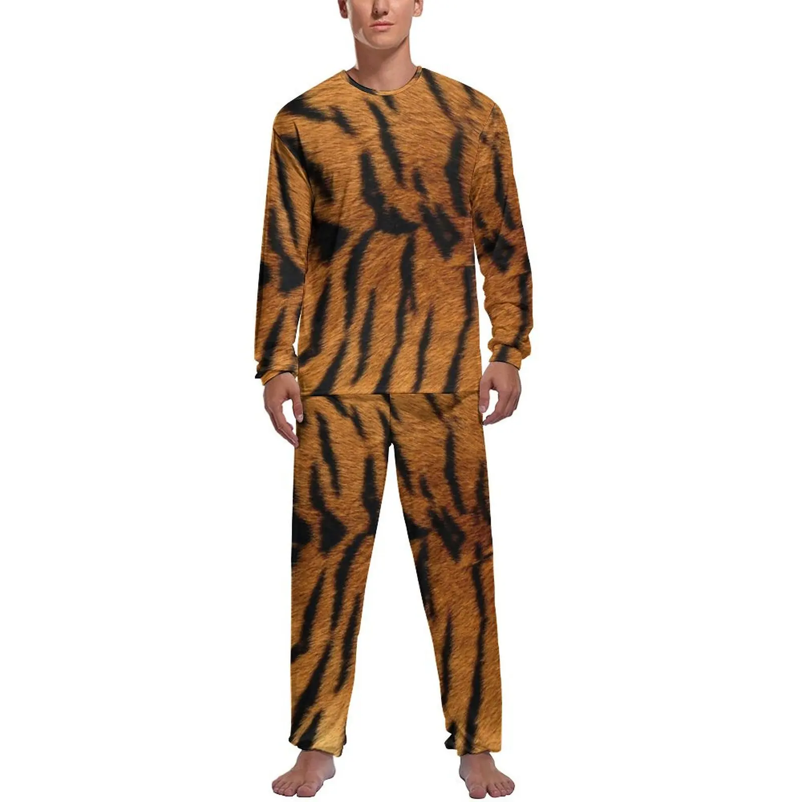 Tiger Skin Print Pajamas Spring Animal Pattern Casual Nightwear Men Two Piece Graphic Long Sleeve Kawaii Pajama Sets