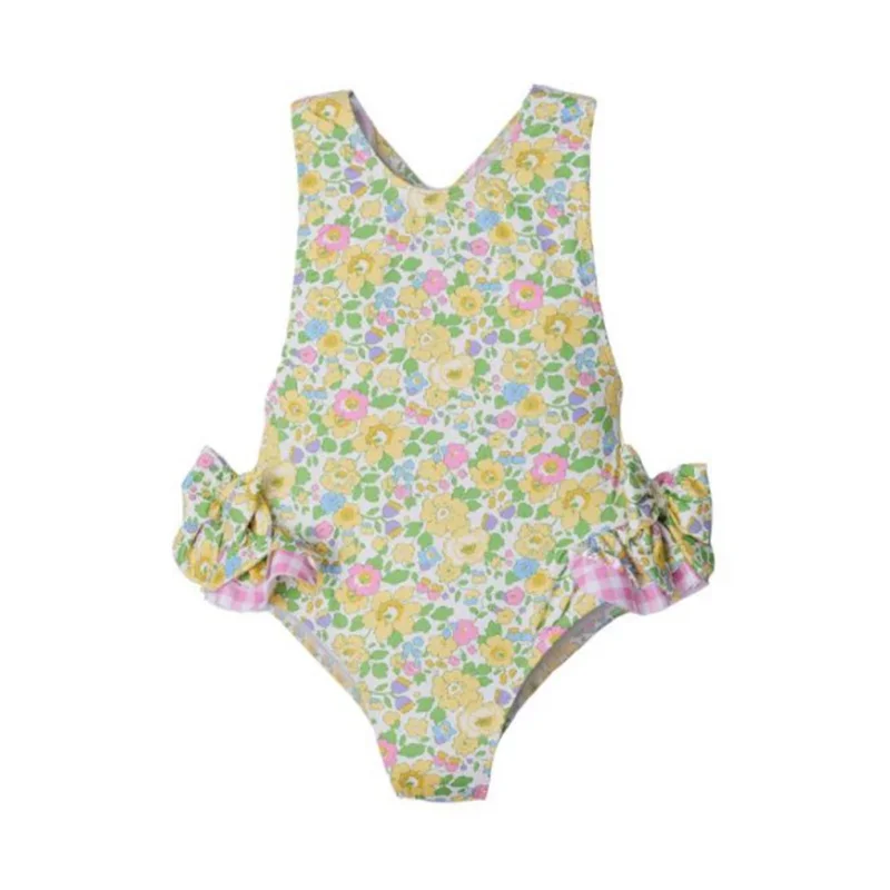 Baby Girls Swimwear Kids Color Love Heart Flower Print Bow Sleeveless Open Back Swimsuit Children Sunscreen Beach Clothes E23267