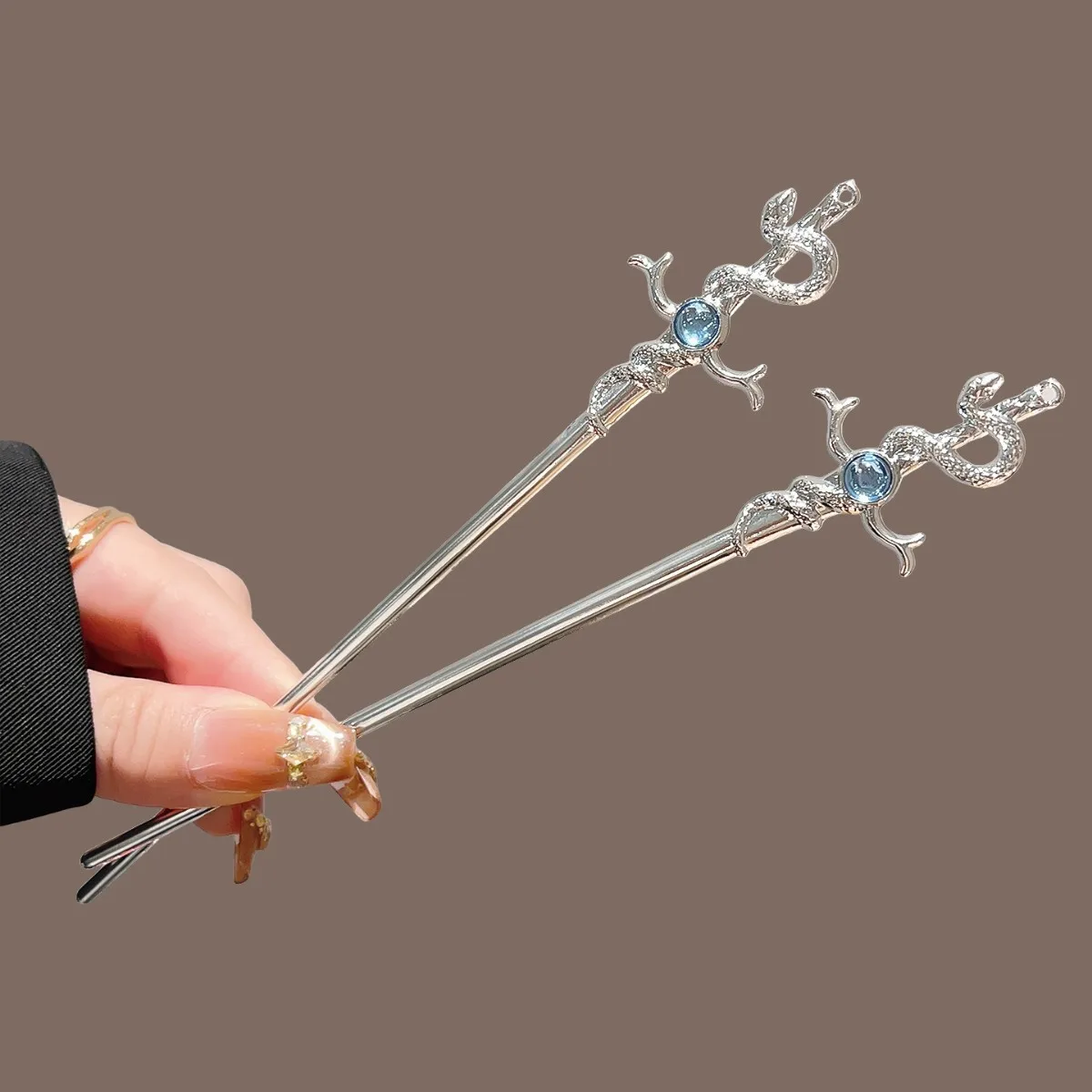 Niche-Snake Shaped Hairpin Neo Chinese Style Glitter Moonlight Stone Metal Hair Stick Girls Trendy Jewelry Hair Accessories 1pc