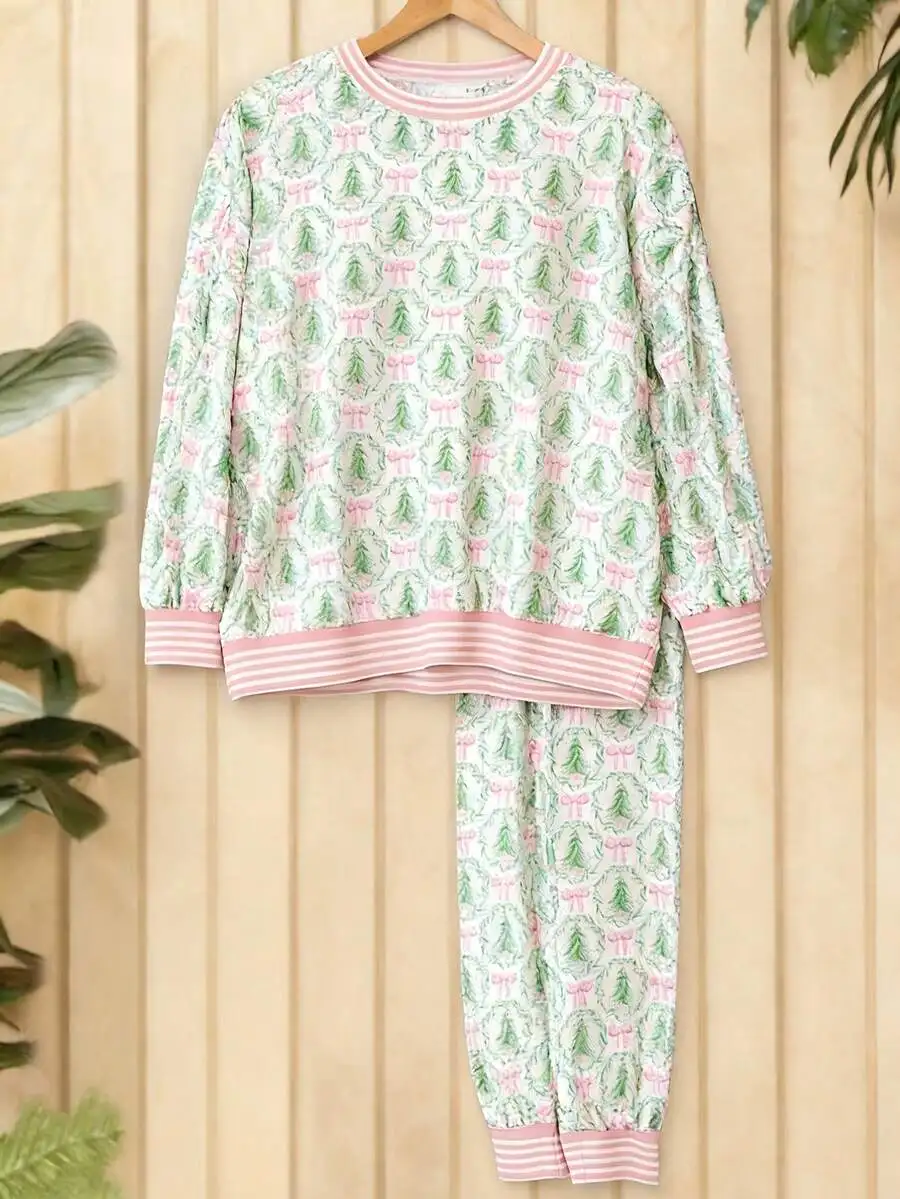 

Womens Christmas Tree And Bow Print Pajama Set Long Sleeve Top Jogger Pants Pink White Striped Cuffs