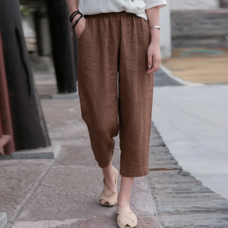 Johnature 2025 New Style Casual Loose Women Calf-length Pants Spring Summer Fashion Solid Cotton Linen Women Pants