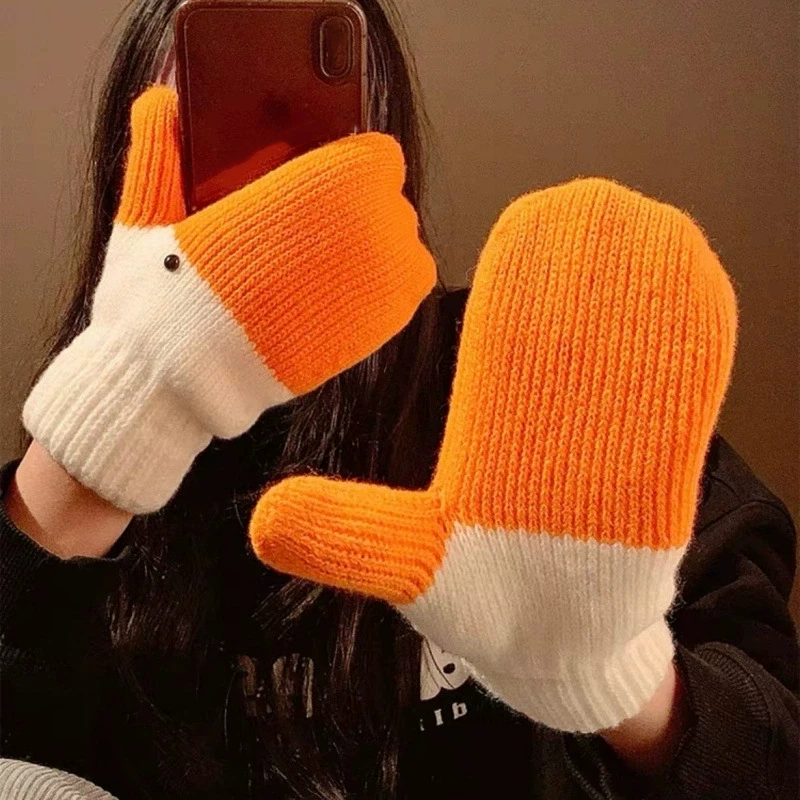 Lustige gestrickte Gänsewollhandschuhe für Herbst und Winter, süß mit dickem Samt zum Schutz vor Kälte und Wärme, doppellagige Handschuhe