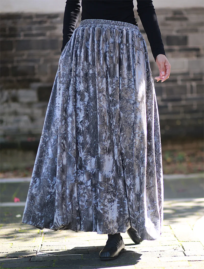TIYIHAILEY-Damen-Rock aus Velours-Samt, lang, Maxi-A-Linie, elastische Taille, Winter, Schwarz, Grau, Khaki, chinesischer Stil, Batik-Tintenwäsche