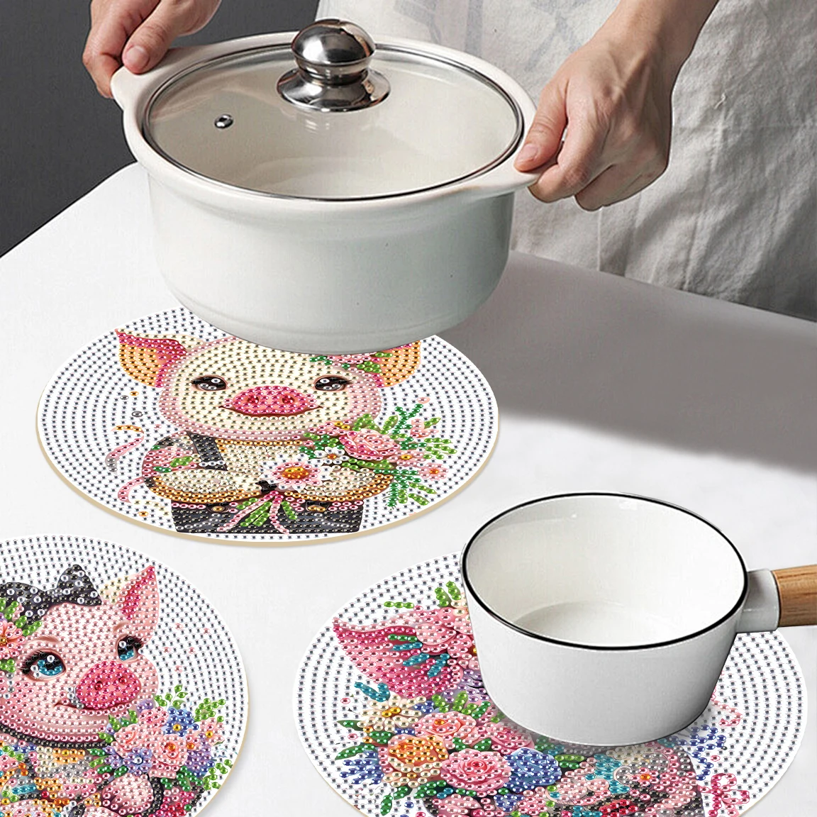 3 قطع الماس الفن اللوحة تحديد الموقع أطقم، DIY الوردي خنزير الماس جولة مكان الحصير الحرفية الجدول الحصير الجدول المطبخ للمنزل ديكور هدية