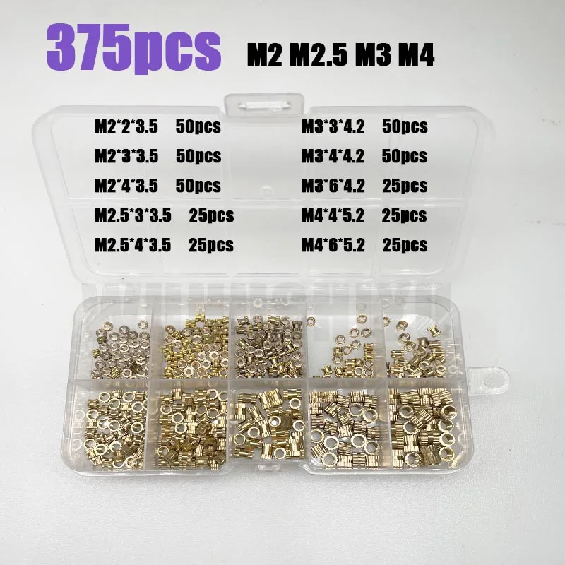

375/400pcs Injection Molding Knurl Insert Nut Embedded Nutsert Assortment Kit Set 10 Mix Size M2 M2.5 M3 M4 Solid Brass Copper