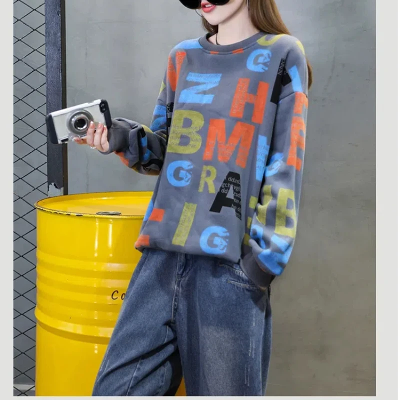 Office Lady Round Neck Women\'s Clothing Pullover Letter Printing Lantern Long Sleeve Loose Spring Autumn Hoodies Korean Tops