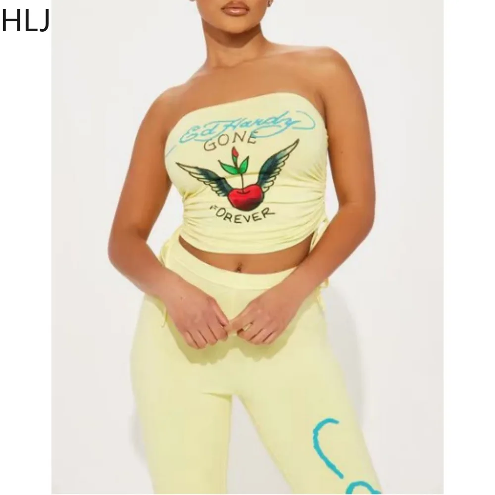 

HLJ Fashion Y2K Pattern Print Streetwear Women Sleeveless Backless Drawstring Tube And Pants Two Piece Sets Female 2pcs Outfits