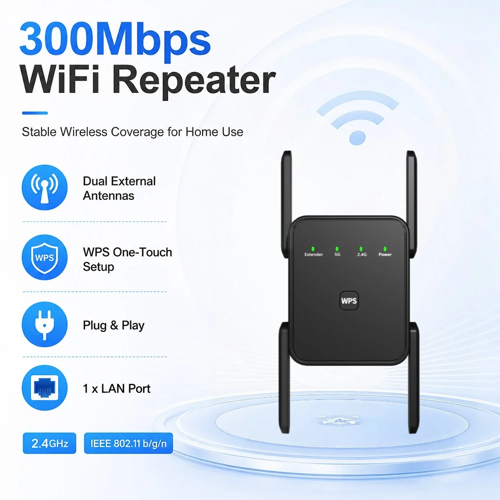 2.4Ghz WiFi Repeater Wi-Fi Booster WiFi Extender Amplifier 300Mbps Wi-Fi Signal Booster Long Range Network Access Point