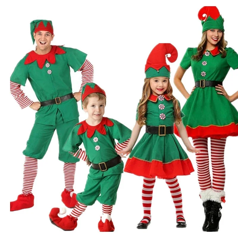 Adult Kids Costume Elf Cosplay Costumes Christmas Prom Costumes Women Dresses Men Top Pants Christmas Hat Suit Halloween Costume