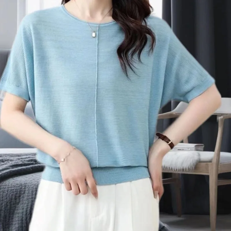 Minimalist Office Lady Summer Thin T-Shirts Women Round Neck Solid Color Jacquard Fashion Casual Loose Short Sleeve Knit Tops