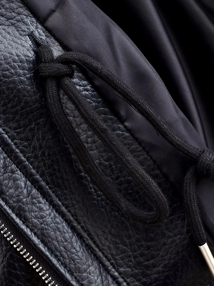 المرأة الشارع الأسود جلد المرأة سترة الوقوف طوق سحاب أكمام طويلة الخصر جيوب مغلقة معطف الإناث سيدة الموضة أبلى #3