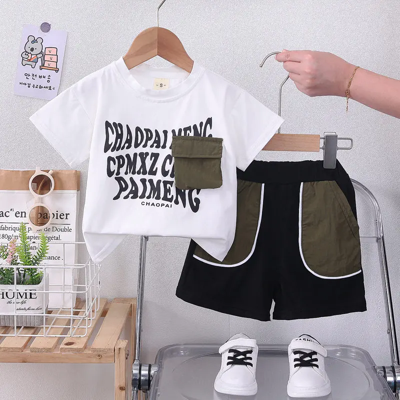 

New Children Clothing Summer Baby Boys Sport T-Shirt Patchwork 3D pocket Shorts Pants 2Pcs/Set Toddler Costume Kids Tracksuits