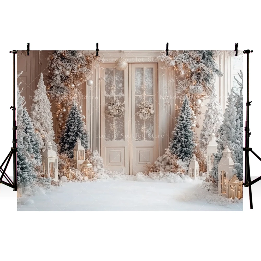 Mehofond Weihnachten Fotografie Hintergrund Beige Tür Fenster Weihnachtsbaum Lichter Dekor Kinder Familie Porträt Hintergrund Foto Studio