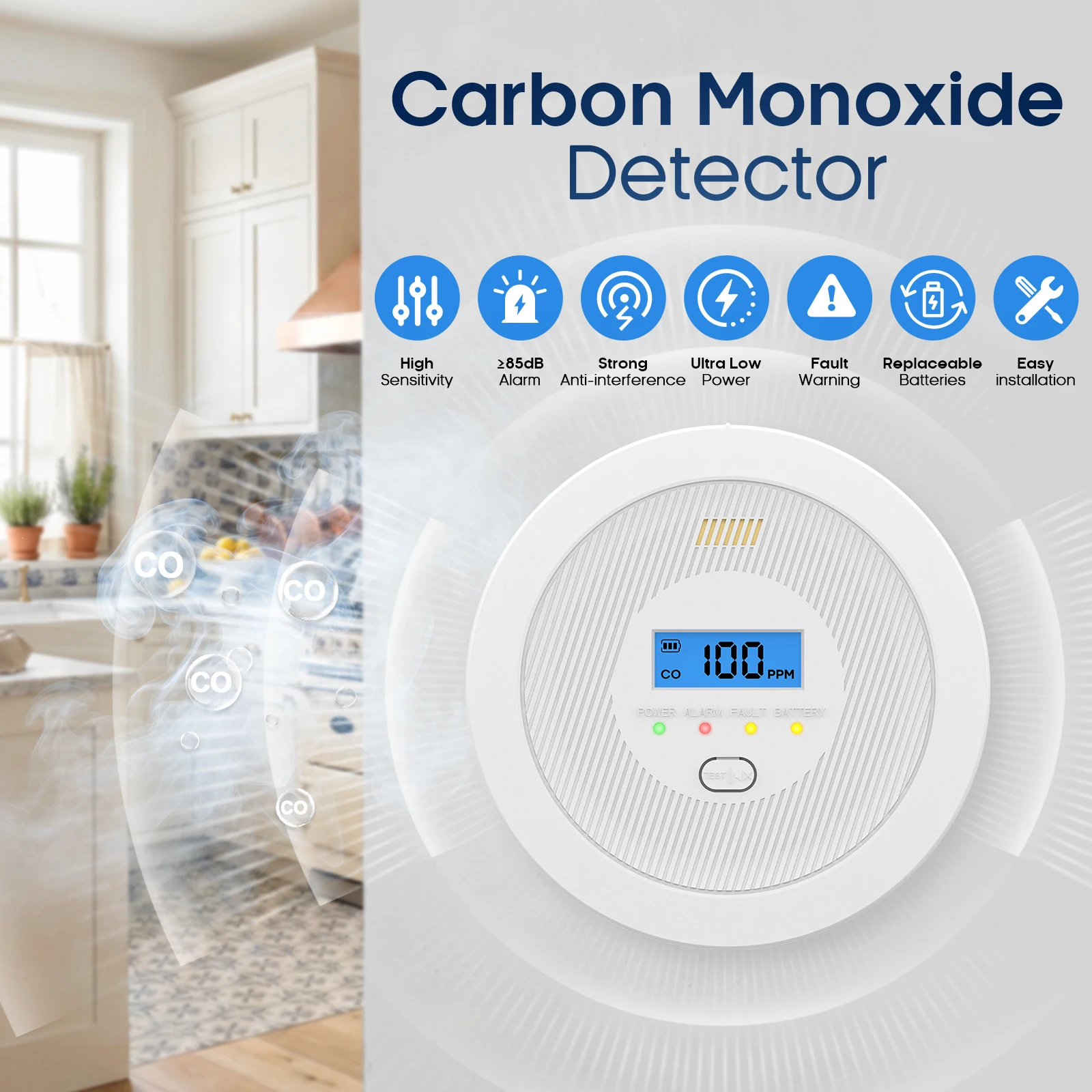 LCD Display Carbon Monoxide Alarm 85dB Ultra-low CO Detector For Home Gas Wall-hung Stoves Coal Stoves Security Protection