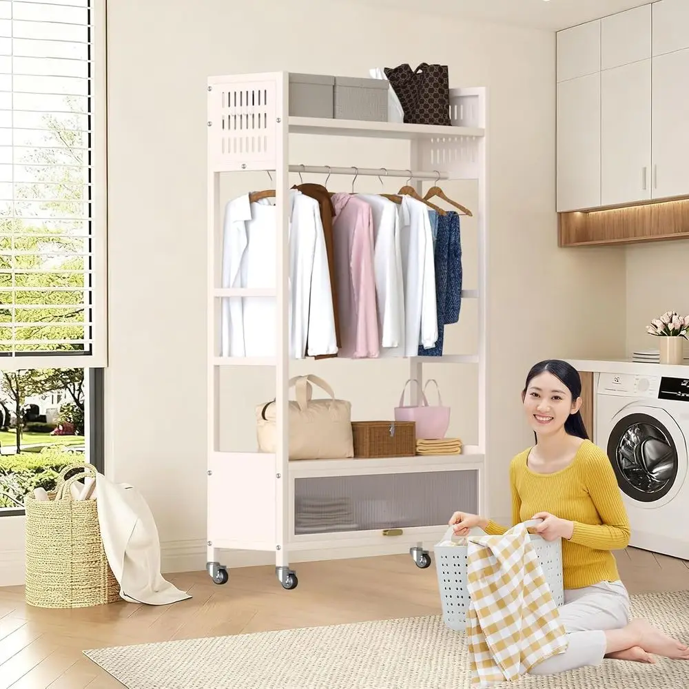 Perchero rodante portátil para ropa con 4 ganchos, 100CM blanco, organizador de guardarropa independiente para almacenamiento en el hogar