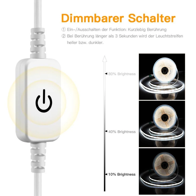 Taśma LED 5V USB COB, 1M 2M 3M 5M 320Leds/m RA90 COB LED Strip z dotykowym ściemniaczem Sterowanie ON/OFF Ściemnialne oświetlenie