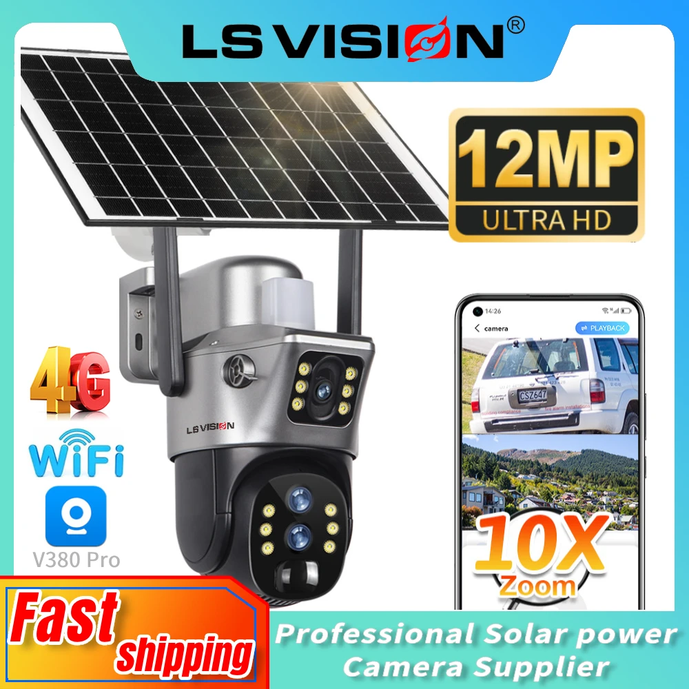 LS VISION 10X Zoom 12MP 4G SIM Solar Camera Wifi Outdoor 6K Three Lens Wireless Waterproof Cctv PTZ Security Cameras V380 Pro