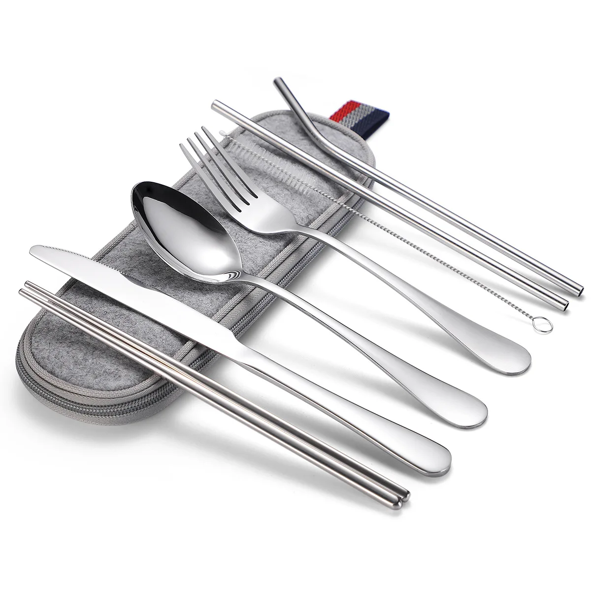 7pcs Stainless Steel Portable Tableware Set Knife Fork Spoon Chopsticks Straw and Brush Products Travel Cutlery Set