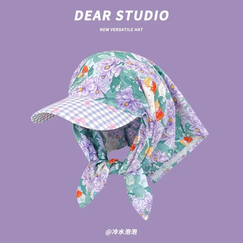 Japanese Fresh Pastoral Style Lace Strap Headscarf Cap for Women Summer Fashion Sunscreen Sweet Versatile Printed Sun Hats 3