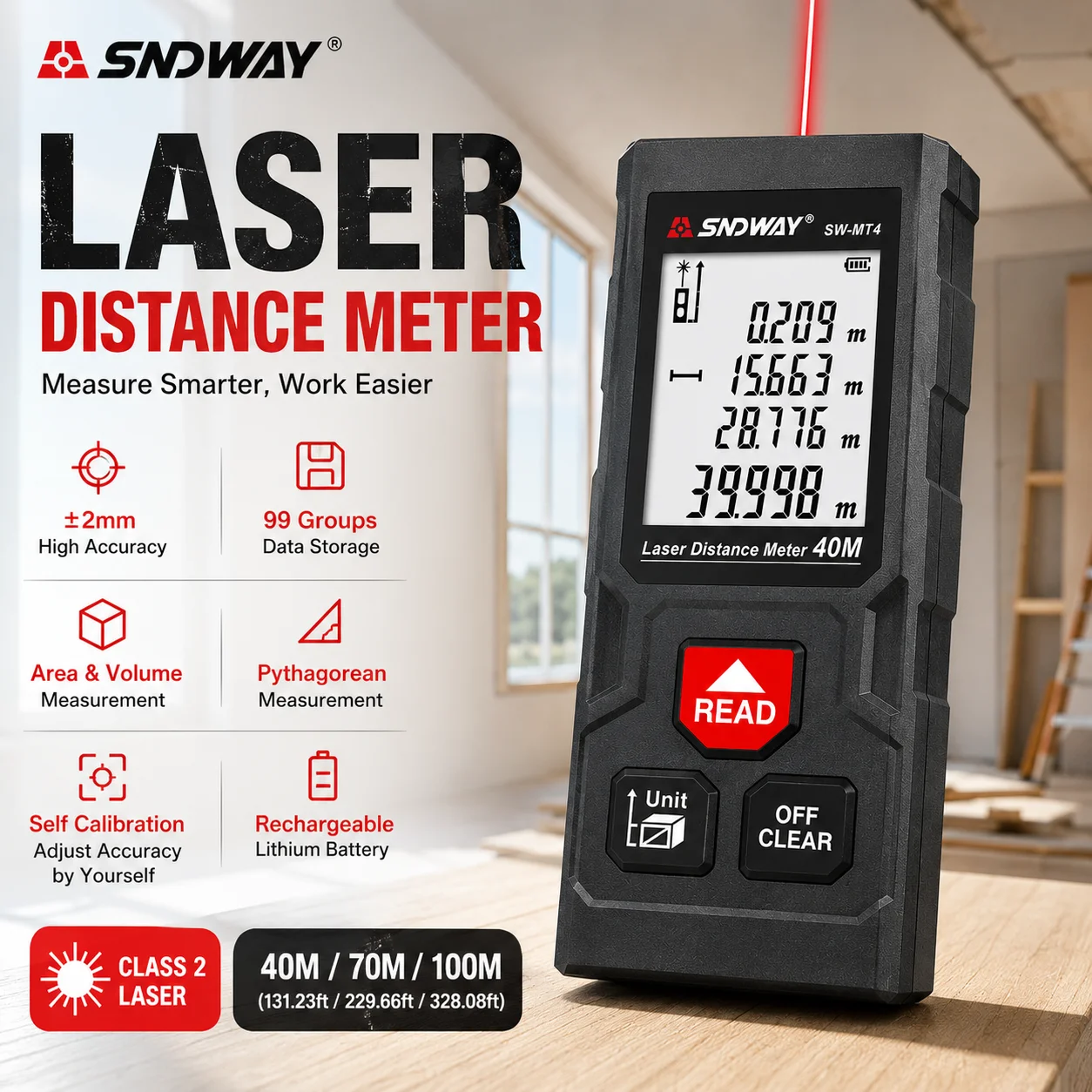 SNDWAY Laser Distance Meter Digital Rangefinder ±2mm Accuracy Area Volume Pythagorean Self Calibration 99 Data Storage