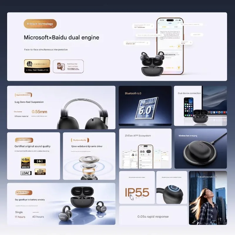 EarFun Clip2 무선 이어폰 블루투스 이어훅 2 MIC AI ENC LDAC 지향성 사운드 전송 이어버드 민감한 헤드폰