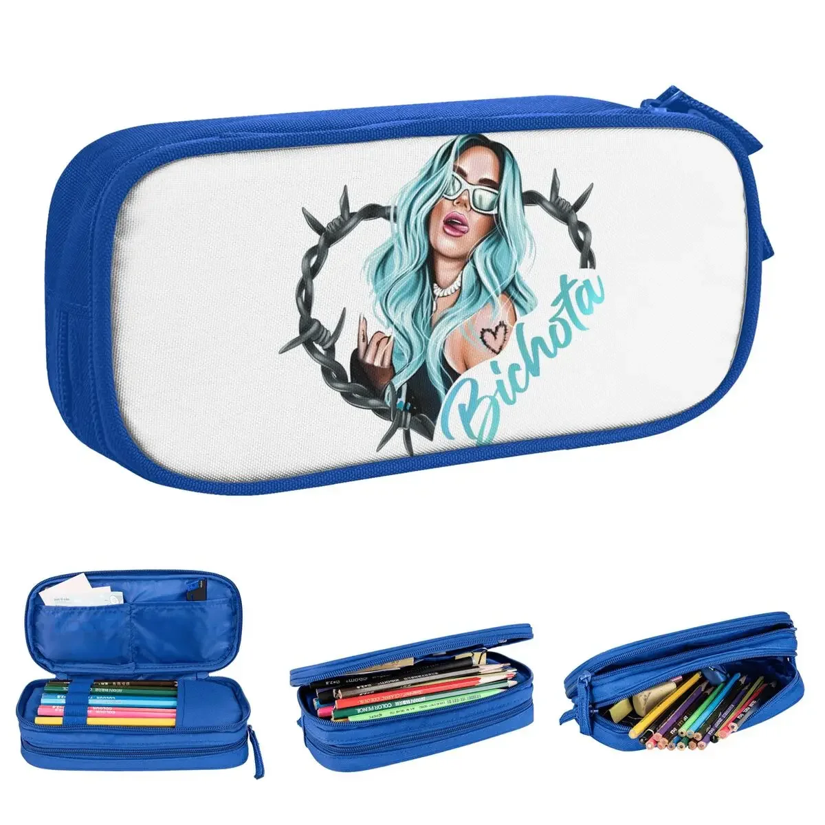 

Karol G With Blue Hair Heart Pencil Cases Fun Bichota Pen Box Bags Student Big Capacity School Supplies Gift Pencilcases