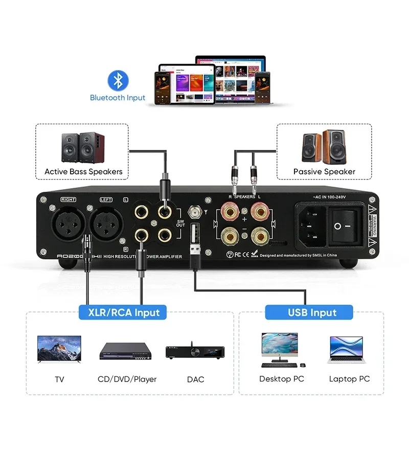 

SMSL AO200 MKII Bluetooth USB HIFI Digital Power Amplifier XLR/RCA/USB Balanced Input MA5332MS AMP Chip with Remote Control