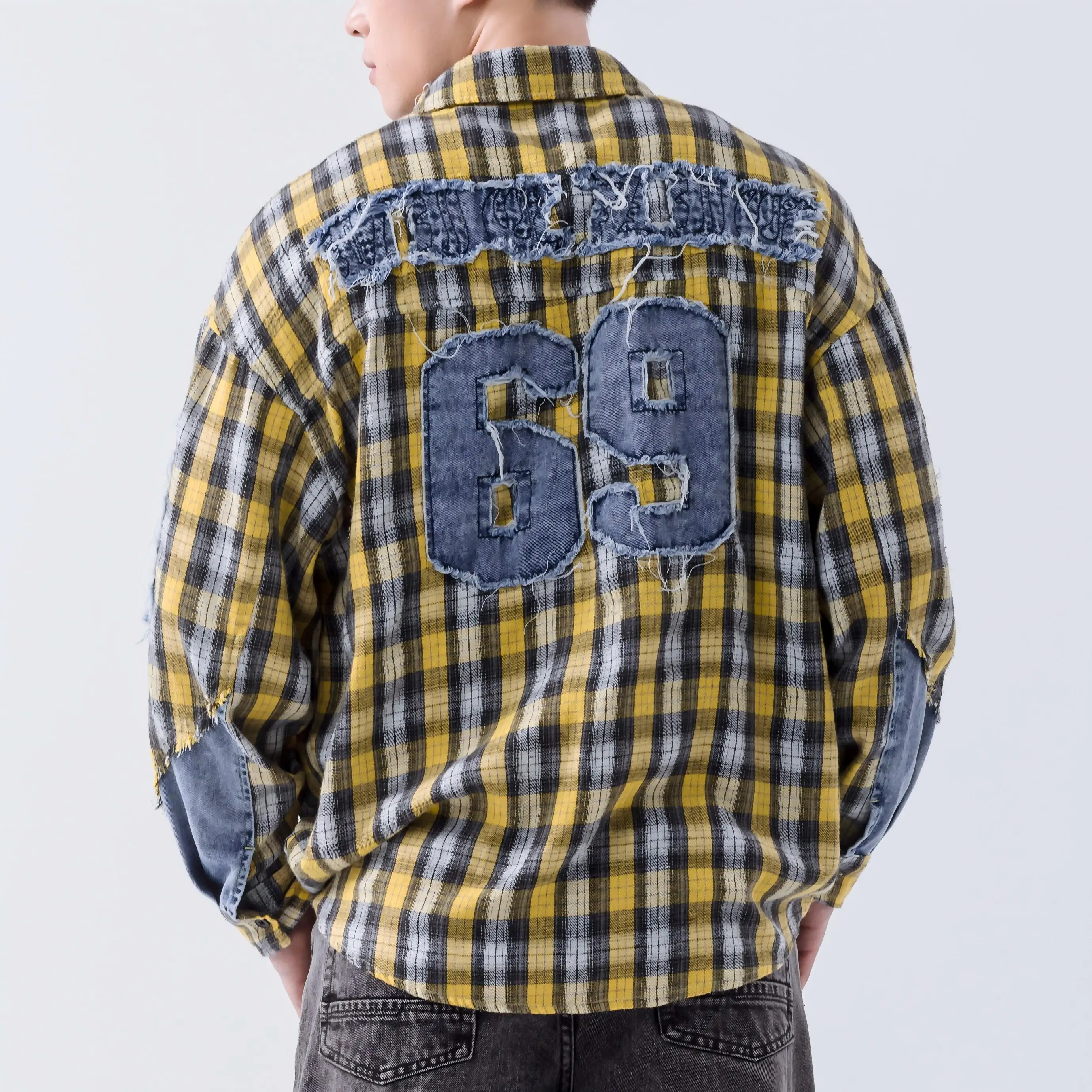 Hip Hop High Street Plaid Shirt Plus Size Work Shirt Denim Checkered Patchwork Cotton Long Sleeve Jacket Applique Oversize Shirt