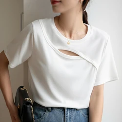 Summer New Hollowed Out Short Sleeved T-shirt for Women TEES with Simple Casual Threads Solid Color Short Top S613