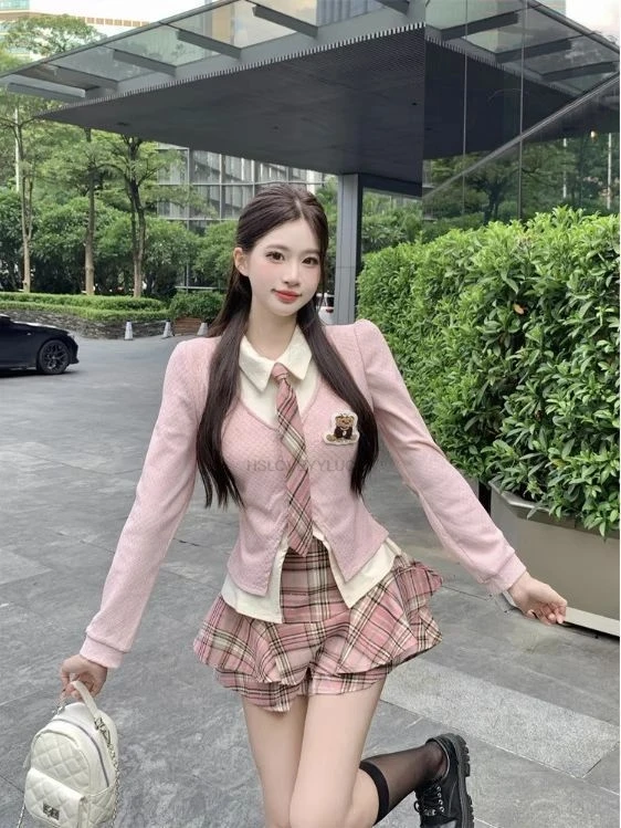 Autumn Korean Style Girl JK  Two Piece Set  high-waisted Plaid Skirt And Faux two-piece Shirt Women Fashionalbe Jk Uniform Set