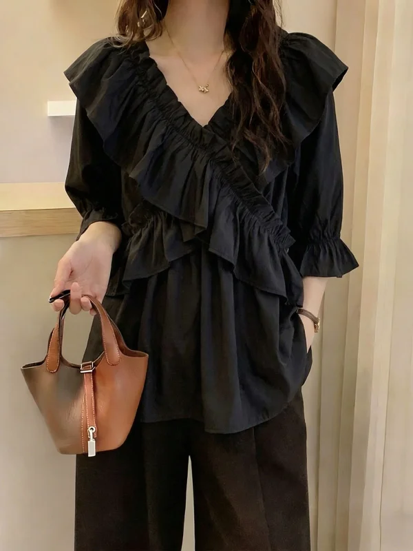 

Elegant Black V-neck Short-sleeved Shirt Women's plus Size Mid-length Top Korean Style Commute Fashion Loose Fit Summer New