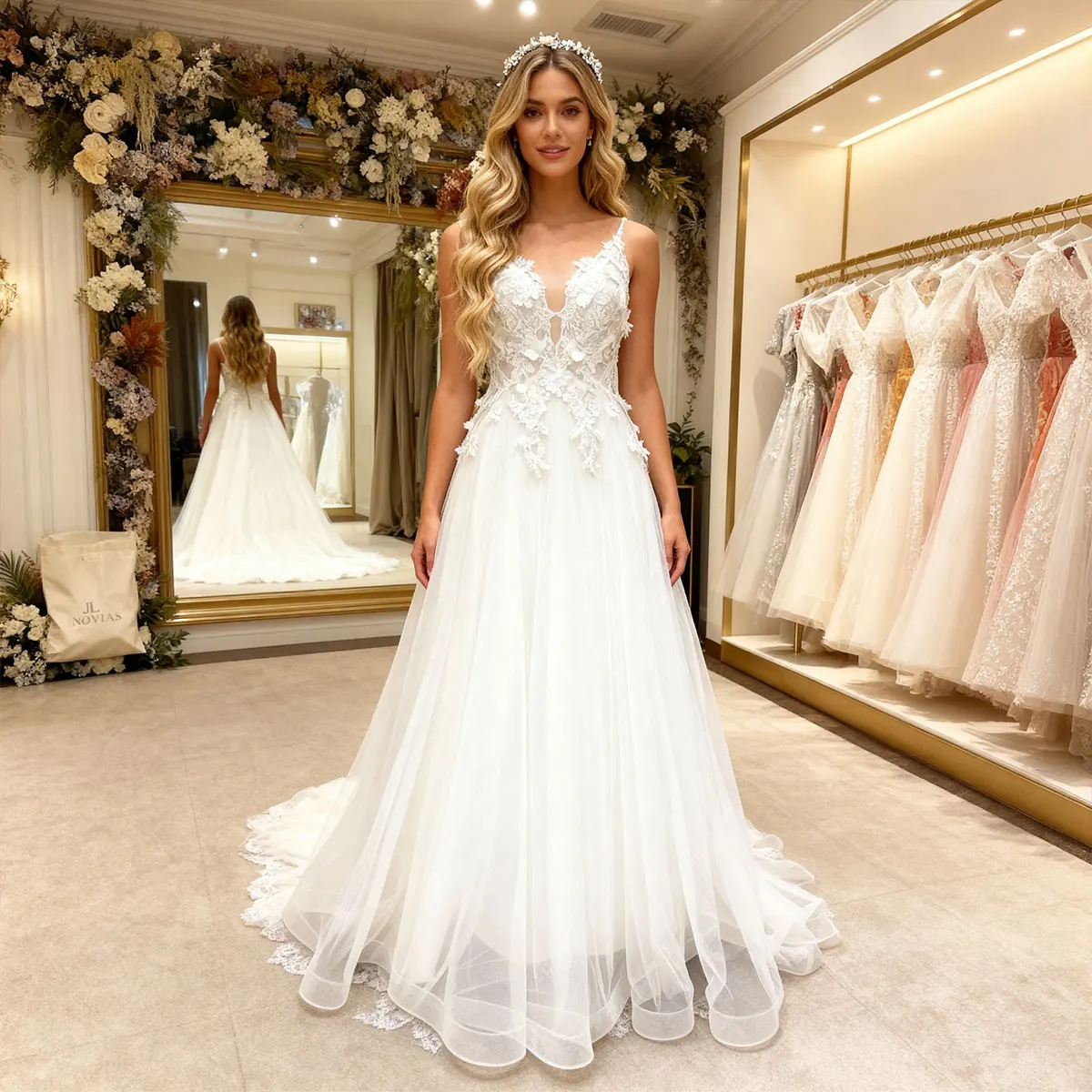 

Elegant Lace Appliques Wedding Dress For Bride Long V Neck Ball Gown A Line Tulle Puffy Bridal Party Gown Vestidos Novia