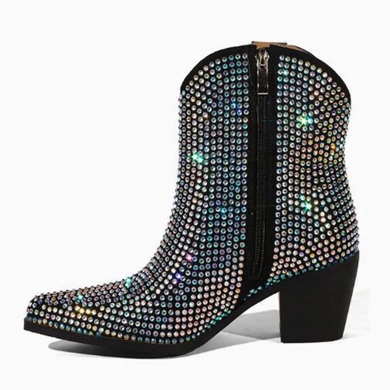 Sliver Black Full Colorful Crystal Rhinestone Wood Square Med Heels Ankle Boots Women Cowboy Zipper Side Cool Short Booties