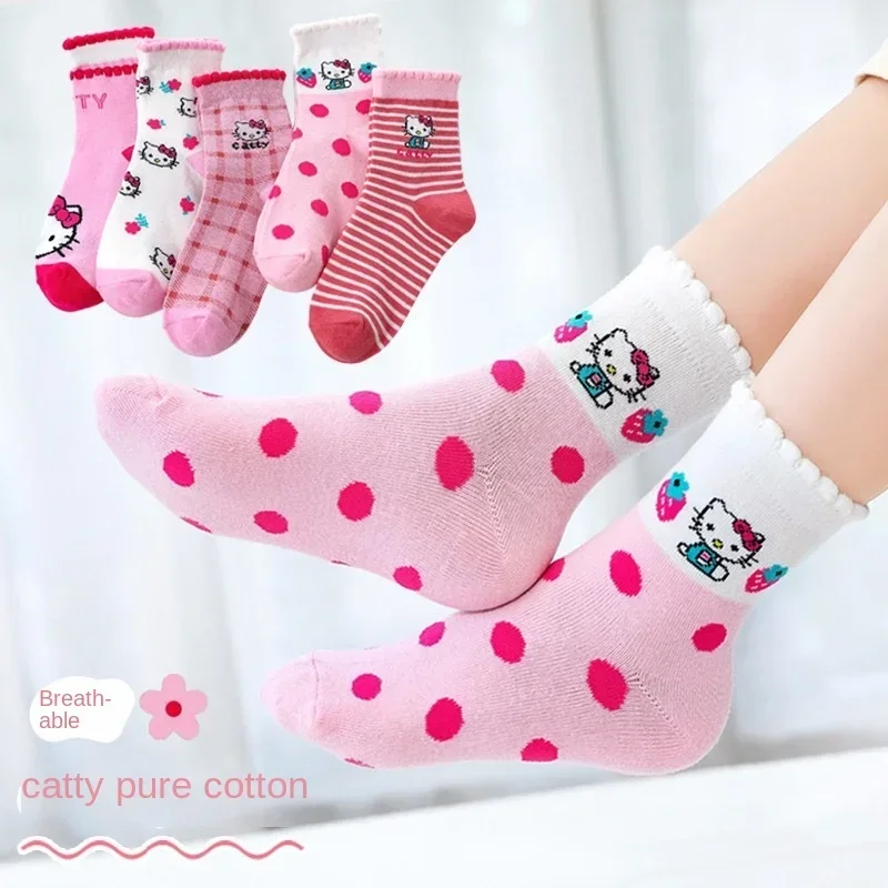 5 paia Sanrio Hello Kitty calzini per bambini calzini per ragazze in cotone Cute Children Baby Princess Sock Cartoon autunno inverno calza 3-12Y