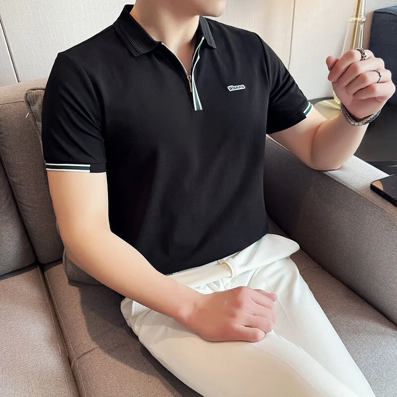 

2025 Summer Half Zipper Men's Polo Shirts Korean Solid Color Slim Fit Casual POLO Shirt Social Versatile Lapel T-shirts Tee Tops