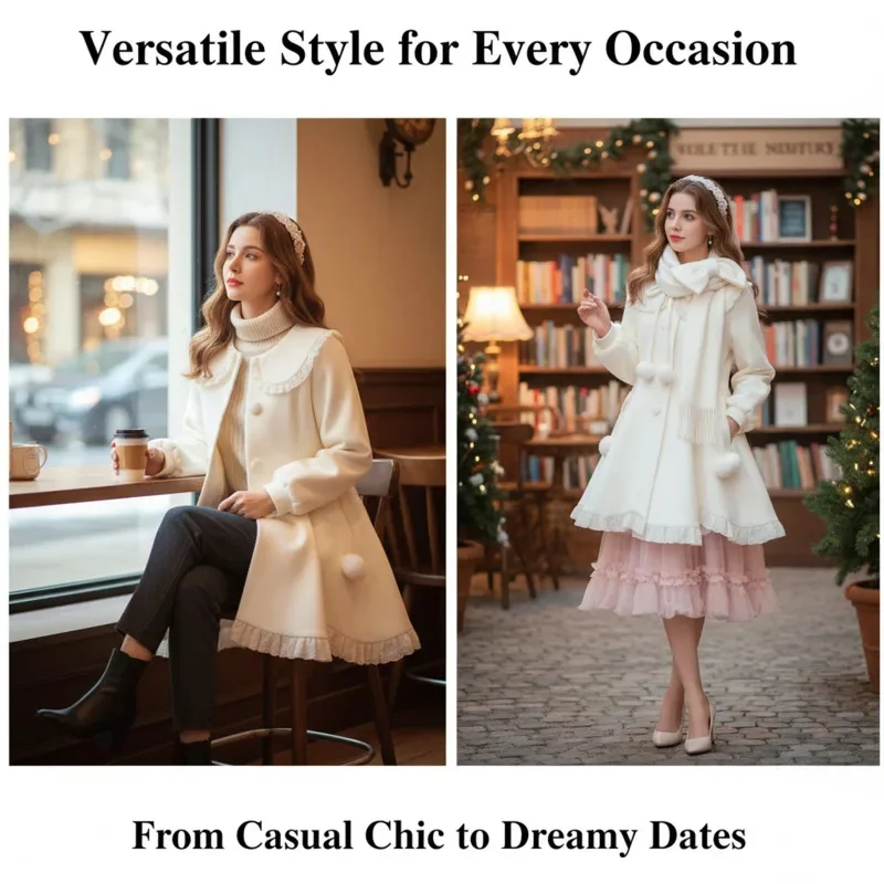 Chic casaco arco vestidos midi vestidos outono inverno cachecol de lã conjunto doce petite feminino roupa de duas peças elegante macio quente em camadas conjunto