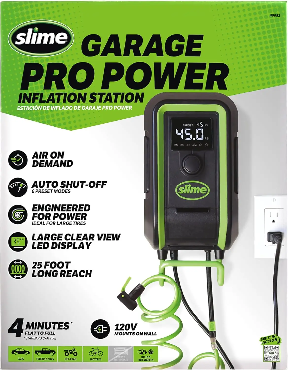 Quiet Wall-Mounted LED Light Tire Inflator Pump 0-99 PSI for Car and Vehicle Maintenance 120V