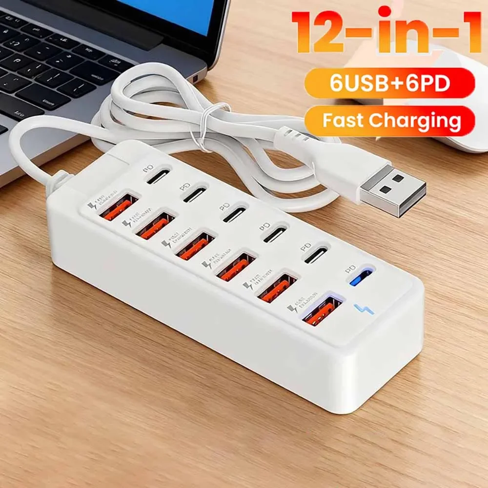 Carregador 12 em 1 com 6 USB e 6 PD, Hub USB de Carregamento Rápido com Cabo de 1M, Conversor USB-C, Estação de Carregamento de Mesa para Casa e Escritório