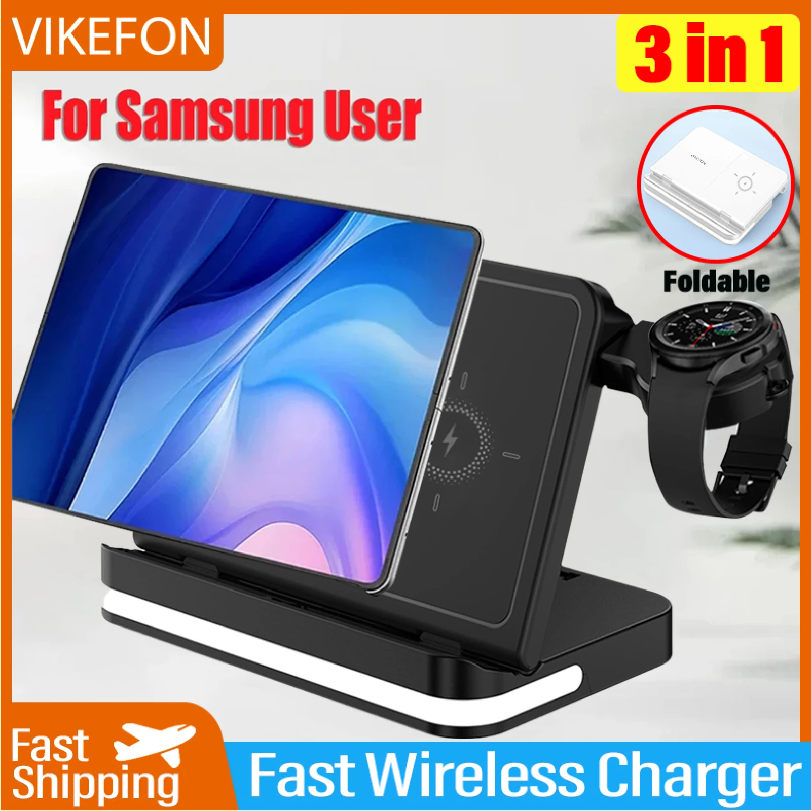 

Складная Беспроводная зарядная станция VIKEFON 3 в 1 для Samsung Z Fold 3 Z Flip S23 S24 Galaxy Watch, наушники-вкладыши, быстрая Беспроводная зарядка