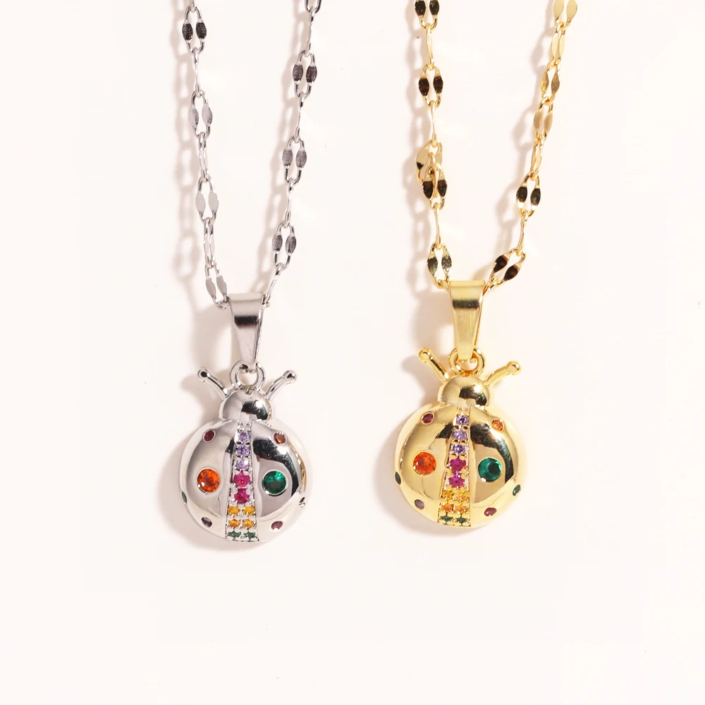 Regenbogen Zirkon Marienkäfer Halsketten Für Frauen Tier Anhänger Edelstahl Gold Farbe Herz Rose Halskette Schmuck Geschenke