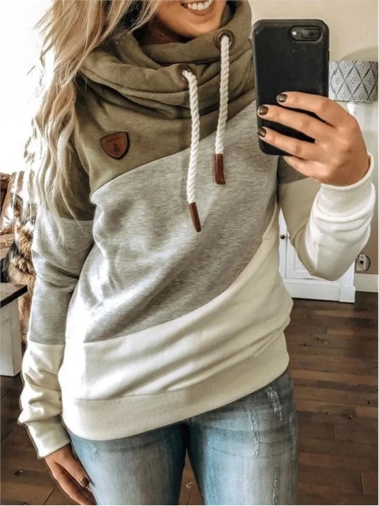 Autumn Winter New Women's Casual Fashionable Color Blocking Splicing Hooded Fleece Pile Collar Casual Loose Comfortable Hoodie