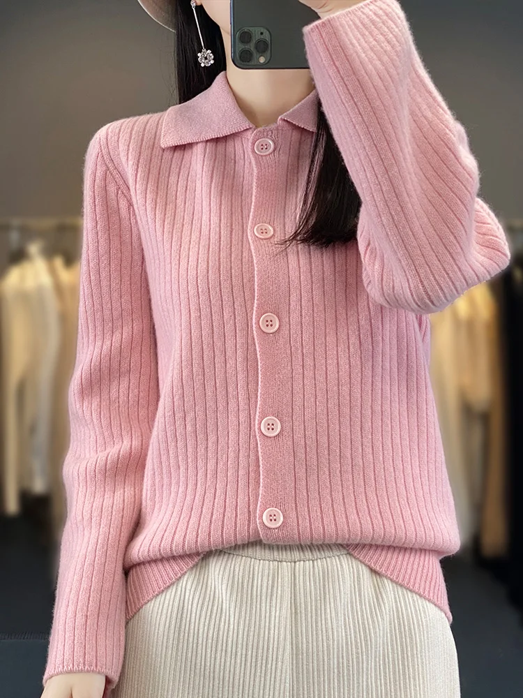 

Women's POLO Collar Cardigan Sweater 100% Merino Wool Spring Autumn Winter Soft Comfortable Shirt Lady Cashmere Knitted Clothes