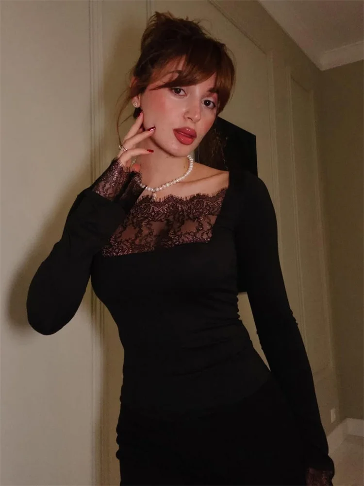 Tossy Zwart Kant Sexy Mini Jurk Vrouwen Doorzichtige Lange Mouw Patchwork Slanke Pendelen Feestjurk Vrouwelijke Zomer Bodycon Jurk