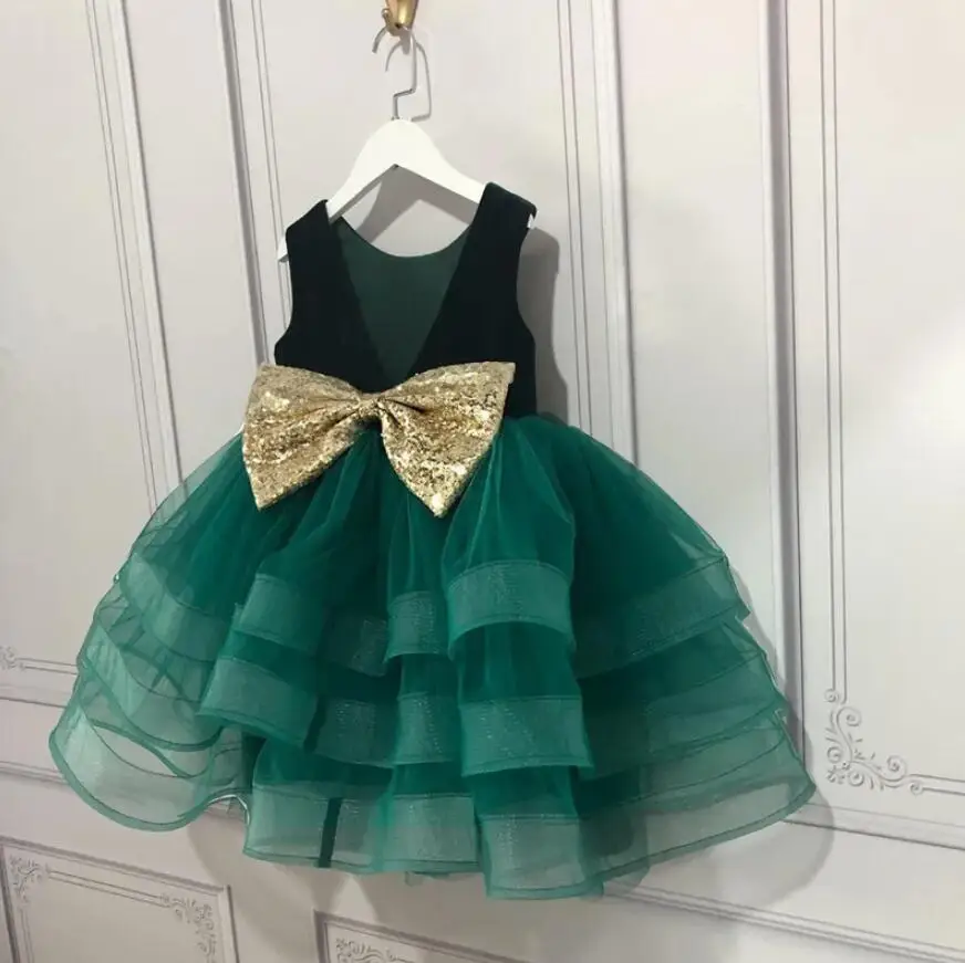 

New Flower Girl Dress Sequined Bow Velvet Tulle O Neck Girls Birthday Party Gown Christmas Dress