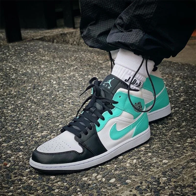 Jordan Negro Blanco Verde Air Jordan 1 Mid Amortiguador Antideslizante Mid Top Retro Zapatos deportivos