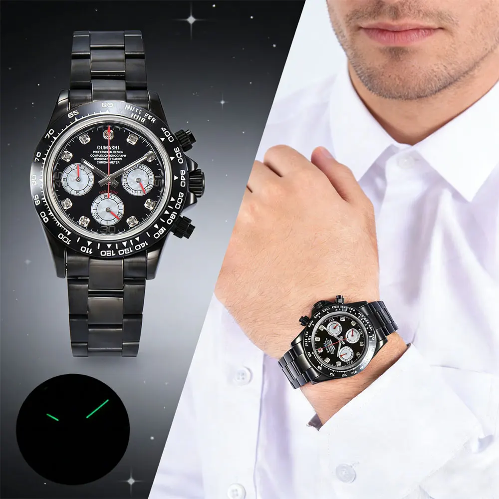 

Черные часы диаметром 39 мм с механизмом VK63, функцией секундомера, сапфировым стеклом, водонепроницаемым корпусом из нержавеющей стали, часы VK63.