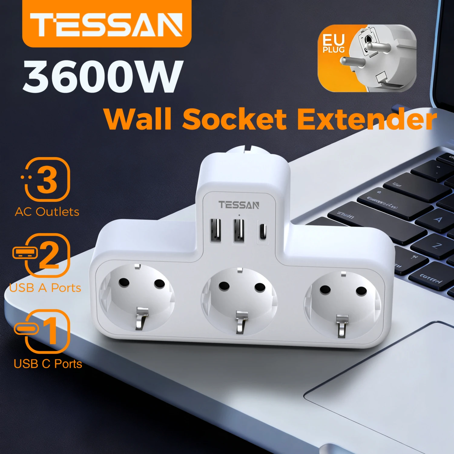 TESSAN EU KR Universal Wall Socket Extender with 3 AC 2 USB A 1 Type C Wall Electrical Socket Adapter with Overload Protection