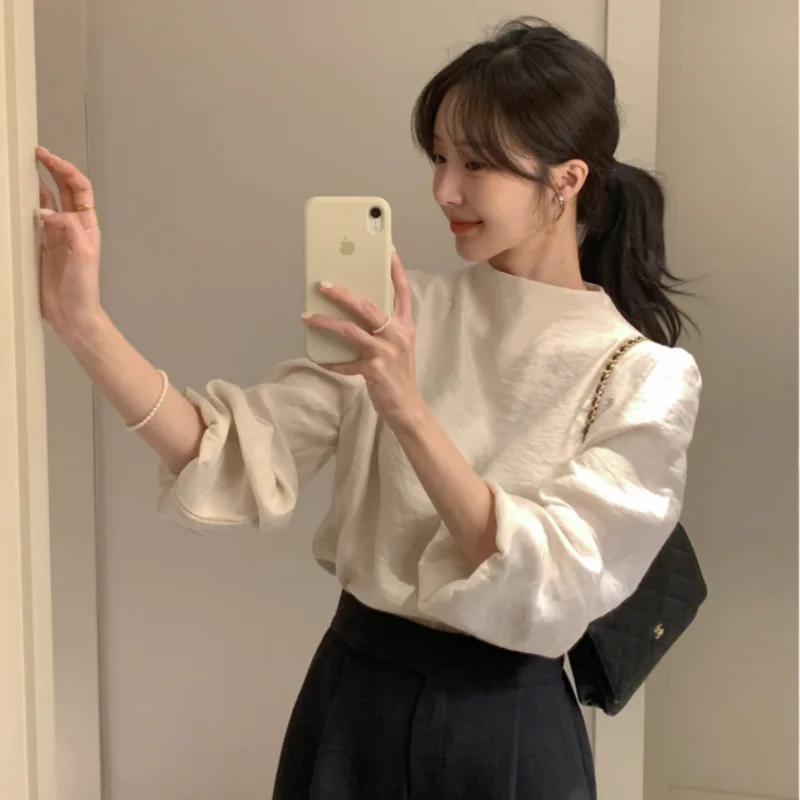 2026 Women French Retro Solid Color Crew Neck Puff Sleeve Blouse Elegant Minimalist Versatile Long Sleeve Shirt Chic Trendy