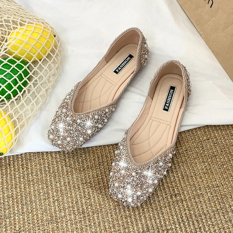 Glitter Crystal Pearl Studs Ballet Shoes Women Square Toe Slip On Loafers Cozy Shallow Cut-Out Ballerina Flats Moccasins Female