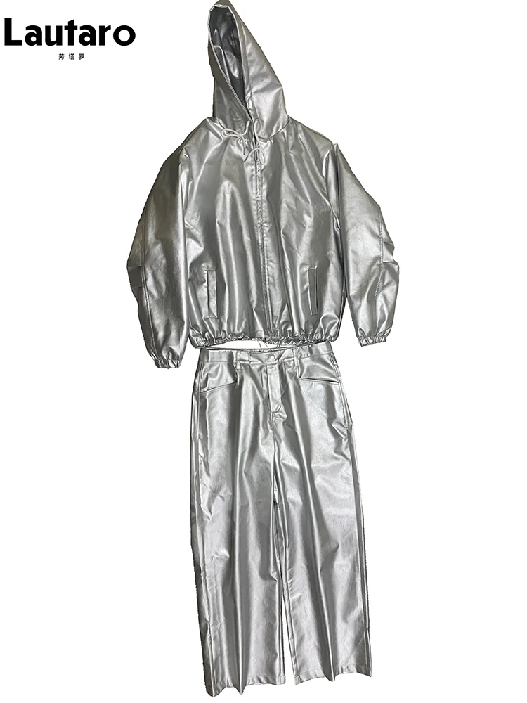 Mauroicardi Autumn Oversized Waterproof Silver Faux Leather Jacket Men with Drawstring Hood Zipper Loose Casual Korean Fashion
